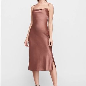 SATIN COWL NECK MIDI SLIP DRESS IN COCOA